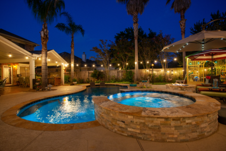 Pool with fairy lights at night