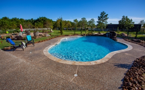 Daytime view of a small bean shaped pool